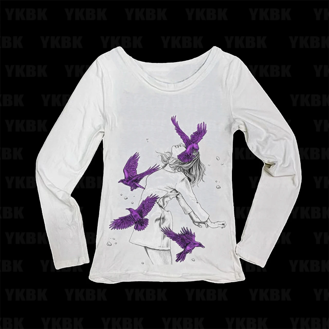 Purple Crow Woman Surreal Sketch Art Graphic Print Women Long Sleeve T‑Shirt Slim Fit Dark Fantasy Ladies Tops