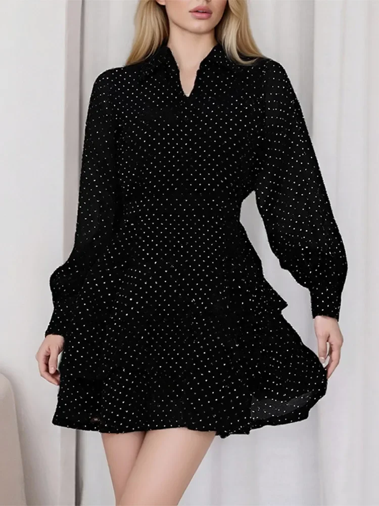Preto feminino strass a linha mini vestido chique manga cheia cintura alta em camadas plissado vestidos curtos 2025 senhora vestidos de deslocamento diário