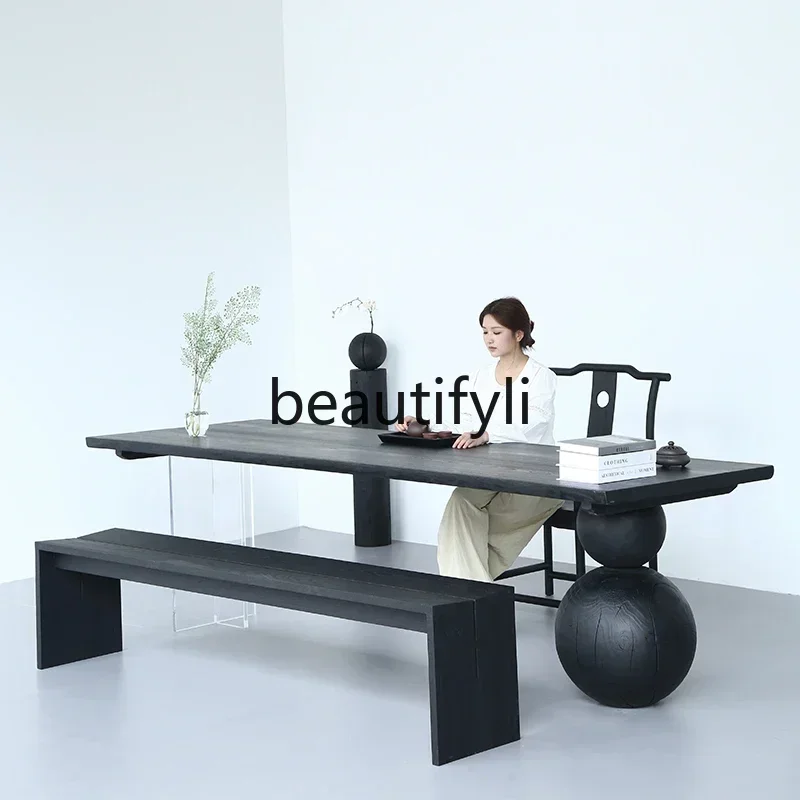 

Asmt14 New Wabi wind large flat coffee table dining table can be embedded ash wood desk solid wood office tea bar