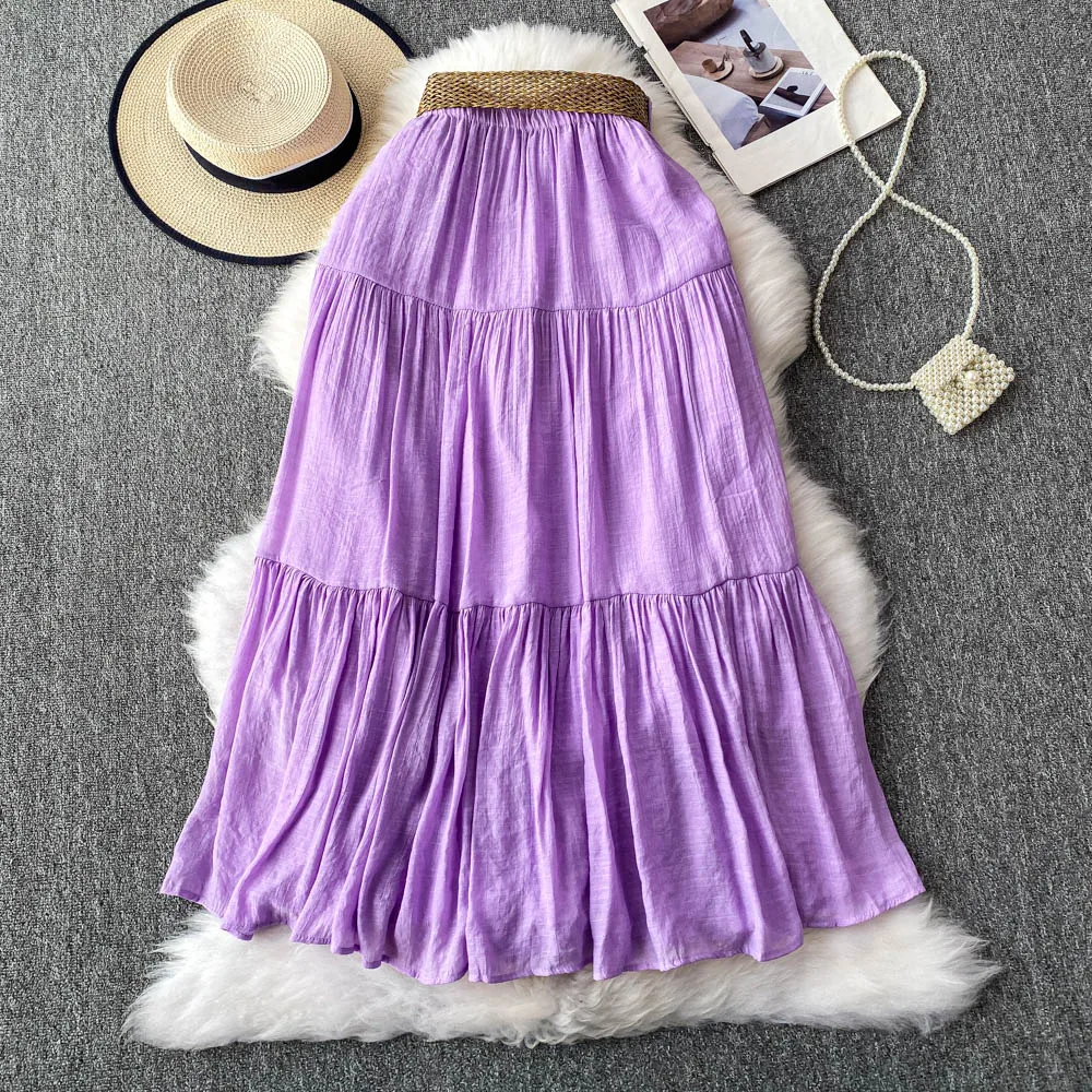 Solid Pleated Long Skirt Women Spring Summer Autumn Casual Splicing High Waisted A-line Dance Party Beach Skirt