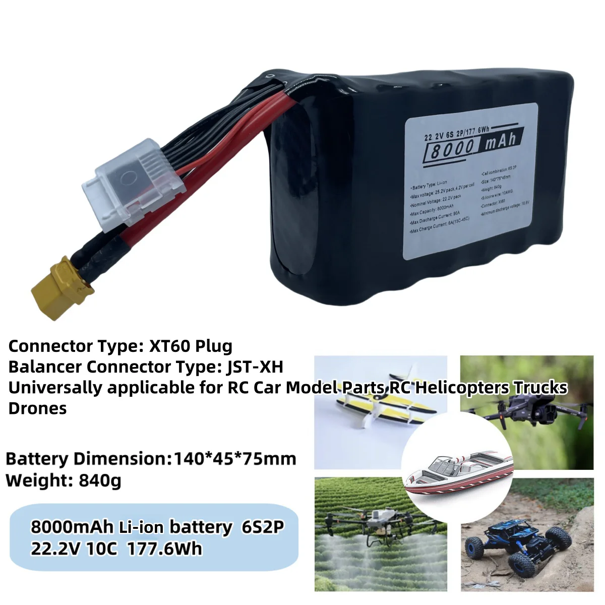 6S2P Drone Battery 22.2V 8000mAh 177.6Wh 10C 21700 Li-ion with XT60 Plug for Trucks RC Model Aircraft Battery Pack