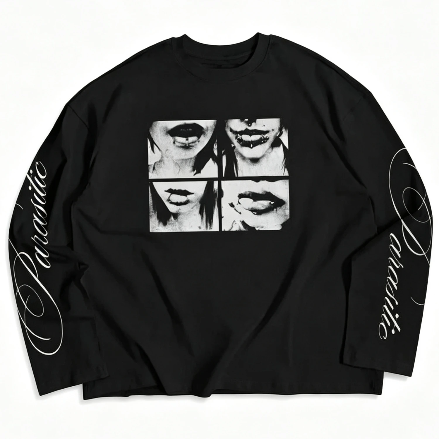 Y2K Goth Punk Collage Lips Graphic Oversized Cotton Long Sleeve Tee Women Dark Aesthetic Crew Neck Casual T‑Shirt Unisex Street