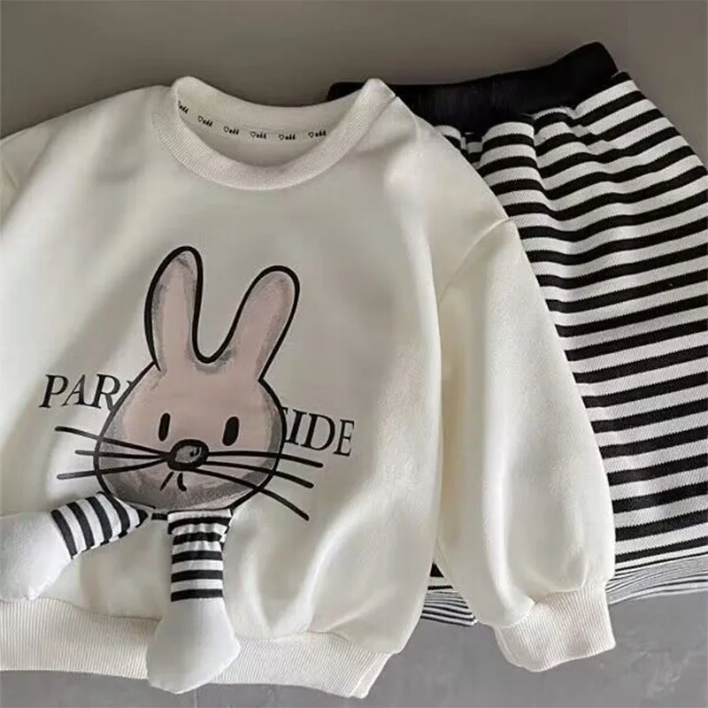 Children\'s Cartoon Rabbit Suit Girls Casual Cute Suit Spring And Fall New Children\'s Sweater Striped Pants Two-Piece Set 2-8Y