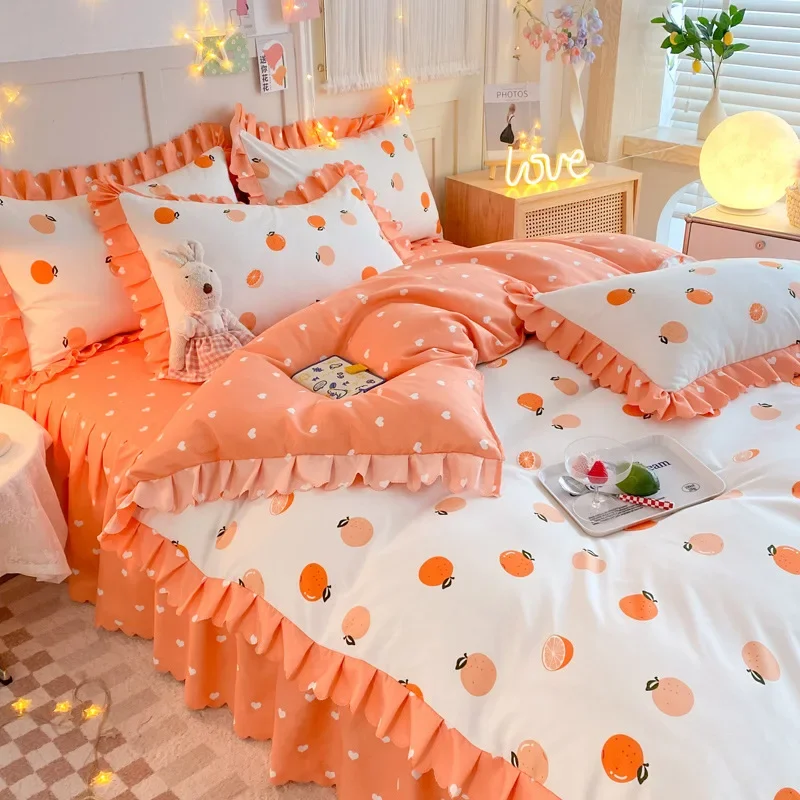 Washed Bedding Set Princess Floral Bed Skirt Set Double Sheets Bedspread on The Bed Linen Duvets Couple Bedsheets Duvet Cover