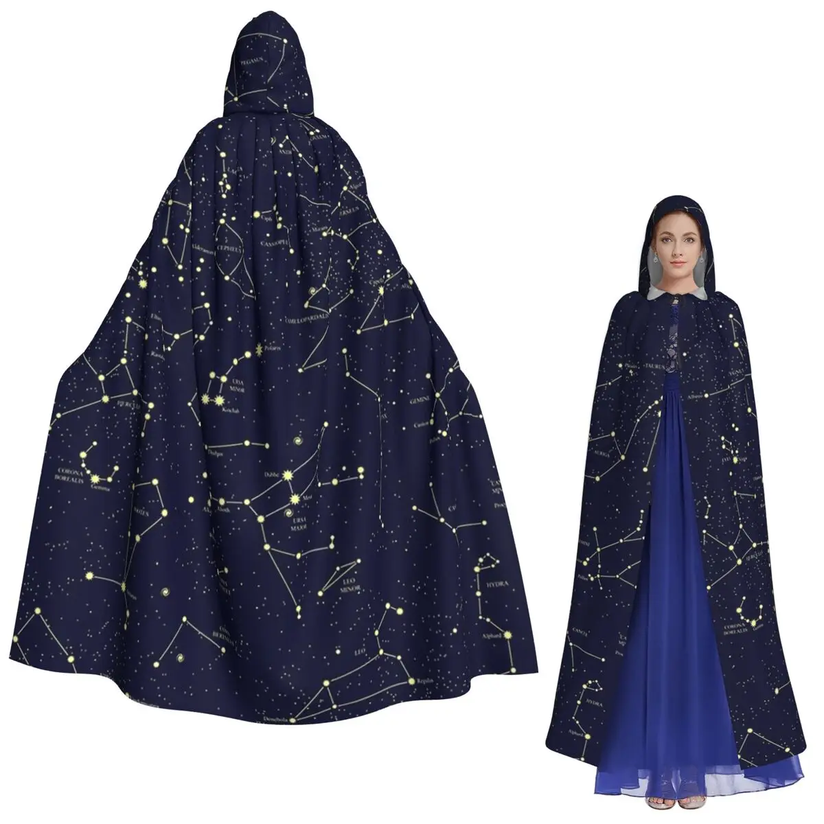 

Night Sky Golden Celestial Stars Zodiac Constellations Long Hooded Cloak Witch Medieval Costume Cosplay Cape HalloweenCoat Adult