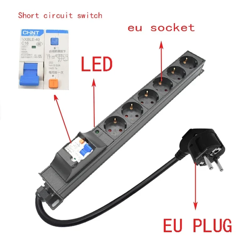 PDU Power Strip Network Cabinet Rack EU Socket 16A Short Circuit Switch Circuit Breaker Circuit Protection with C14/EU Plug 2M