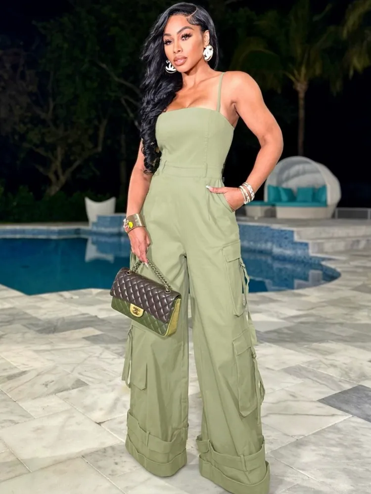Solid Color Women Jumpsuits For Spring Summer Sleeveless Bandage Loose Fashion Streetwear Overalls Wide Leg Pants Trousers 2024