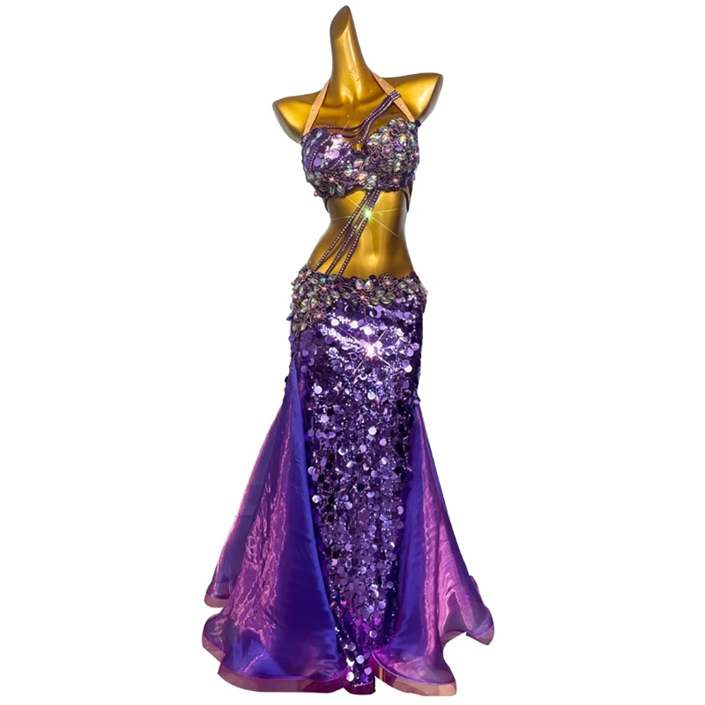 

Belly Dance Professional Dress, High-end Purple Sparkling Sequin Skirt, American Style Female Adult Stage Professional Clothing