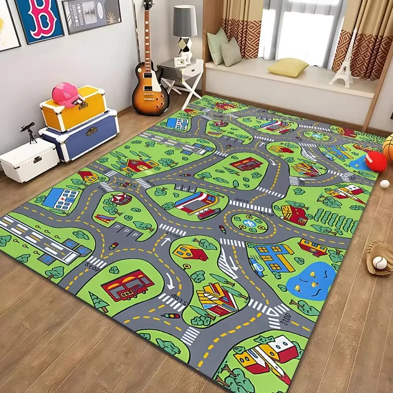 Kids City Street Map Rug for Living Room Bedroom Town Road and Vehicle Print Flannel Rug Soft Floor Mat for Indoor Home Decorate