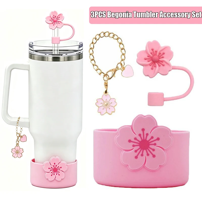 1*Tumbler Straw Cover & Water Bottle Silicone Boot & Tumbler Charm Set, Begonia Shape Straws Lid Cap And Tumbler Charm Pendant