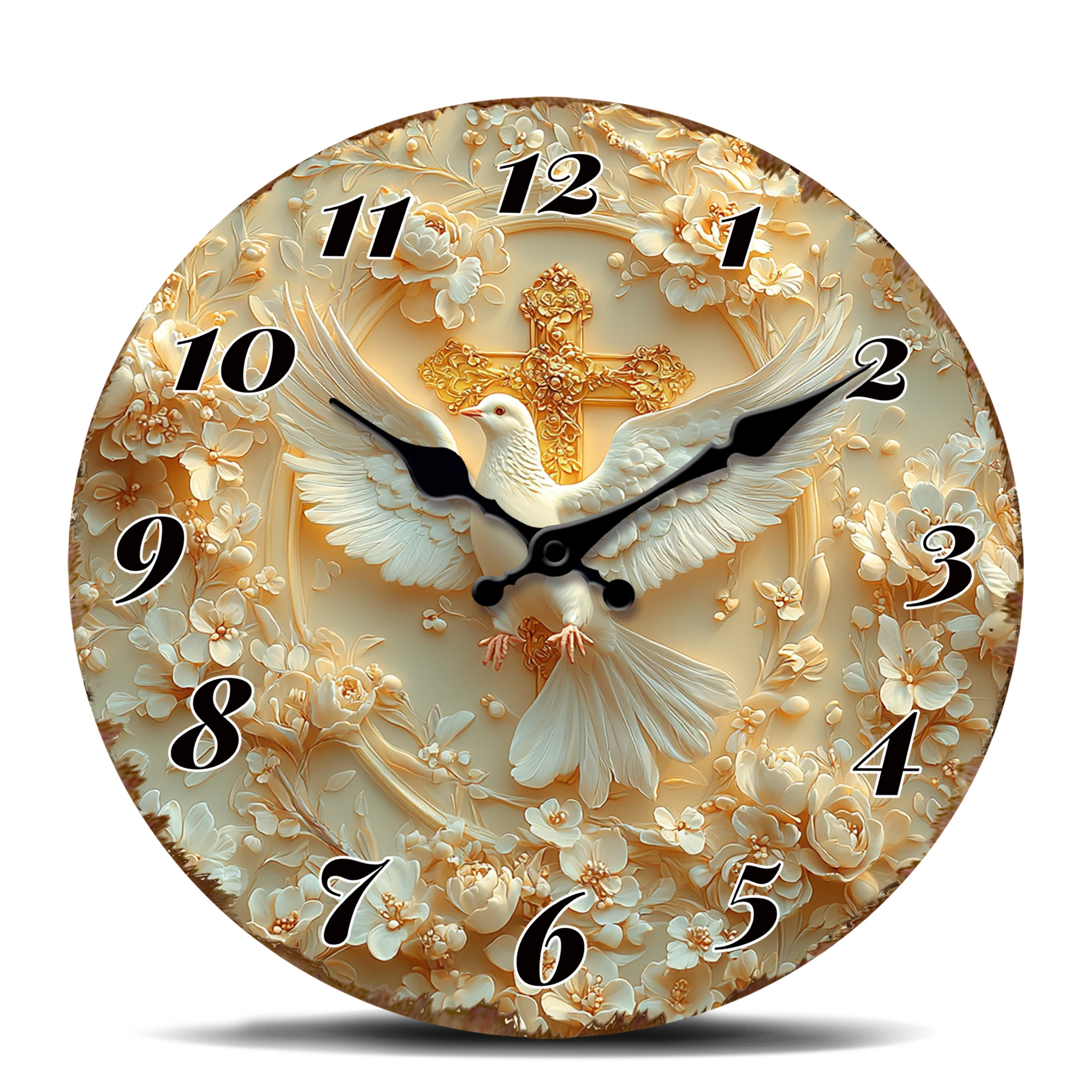 Runde Wanduhr mit Tauben- und Kreuzmotiv, Religiöse Dekorative Wanduhr für eine Friedvolle Atmosphäre