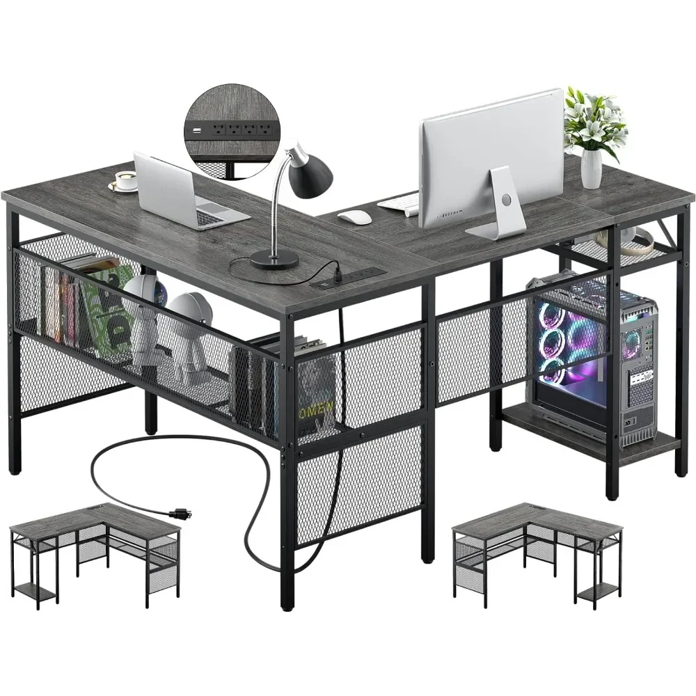 

L Shaped Computer Desk with USB Charging Port and Power Outlet, Reversible Corner Desk, Long Gaming Table Modern Home Office