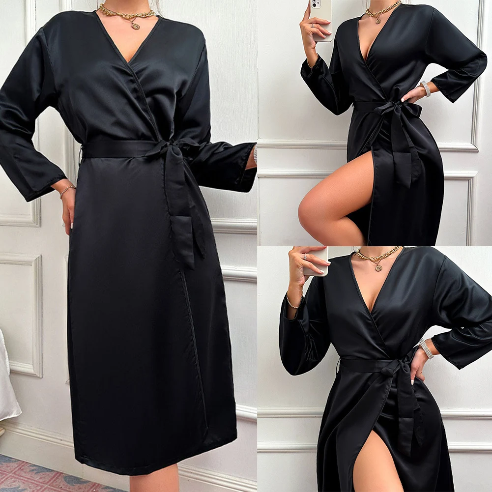 

Women Sexy Silk Nightgown Casual Home Wear Long Style Lace Up Bathrobe Pajamas Ladies Nightdress Comfortable