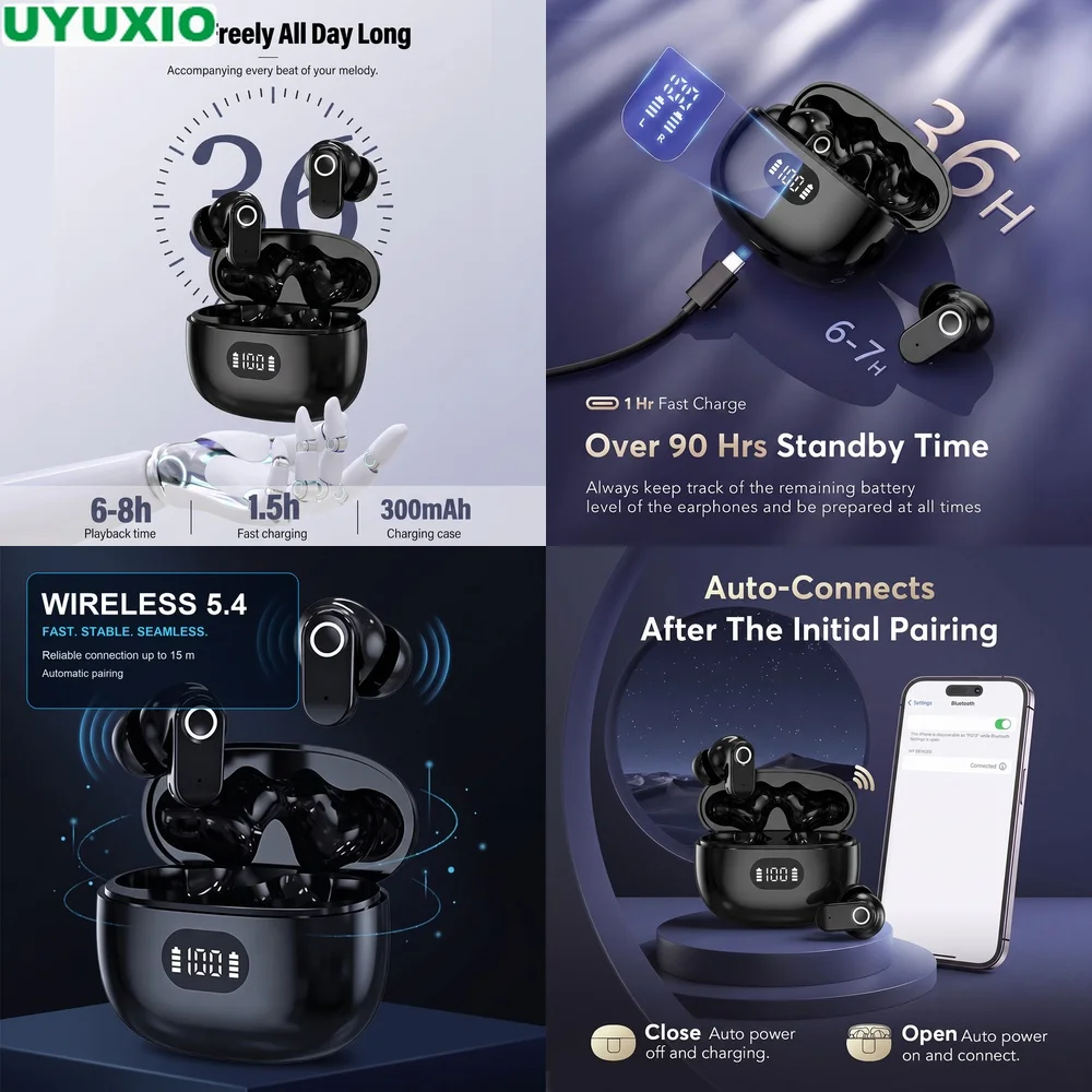 Wireless Headphones In Ear Earphones Music Headphones Clear Calls Bluetooth 5.4 Digital Display for Phones Tablets Laptops