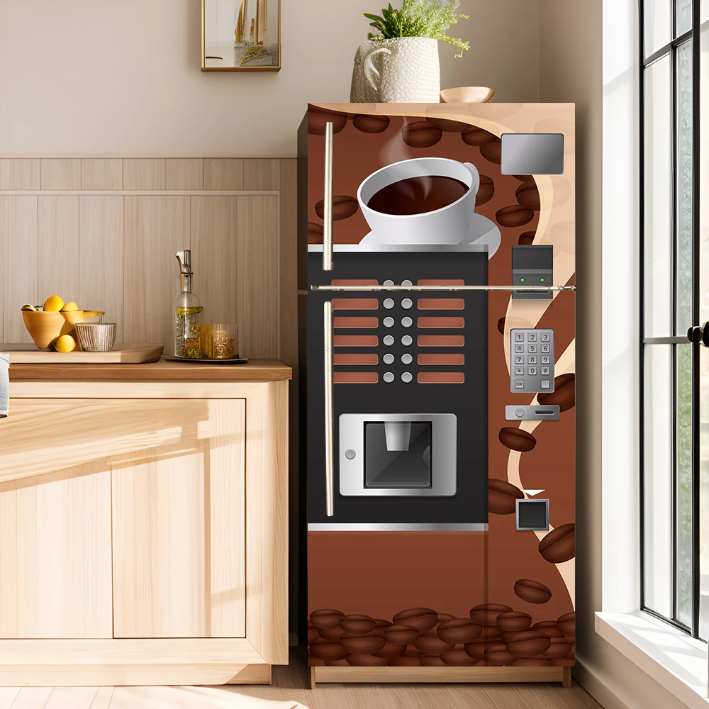 Cartoon Coffee Vending Machine Fridge Door Sticker Coffee Bean Self Adhesive Refrigerator Fridge Renovation Wallpaper Home Decor