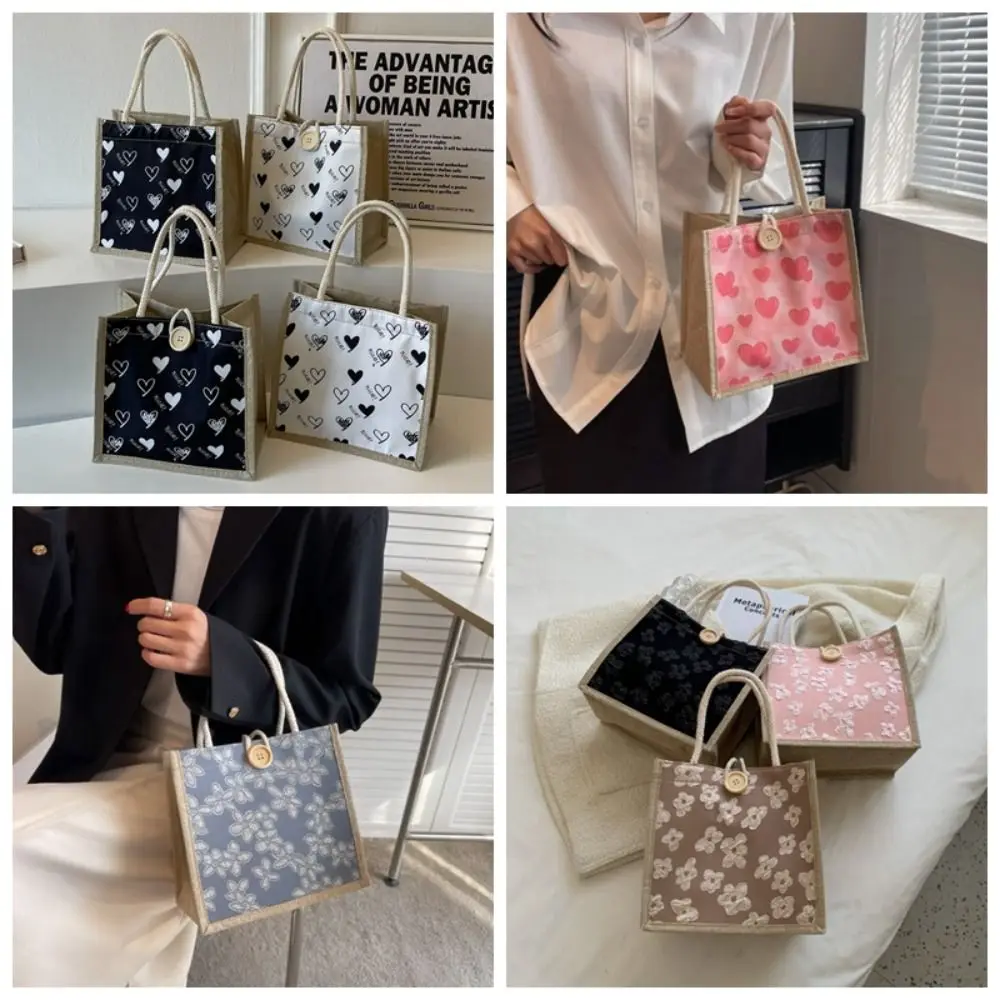 

Mommy Bag Zipper Flower Linen Bag Large Capacity Lunch Bag Love Heart Tote Bag Button Gift Bag Linen Handbag Women