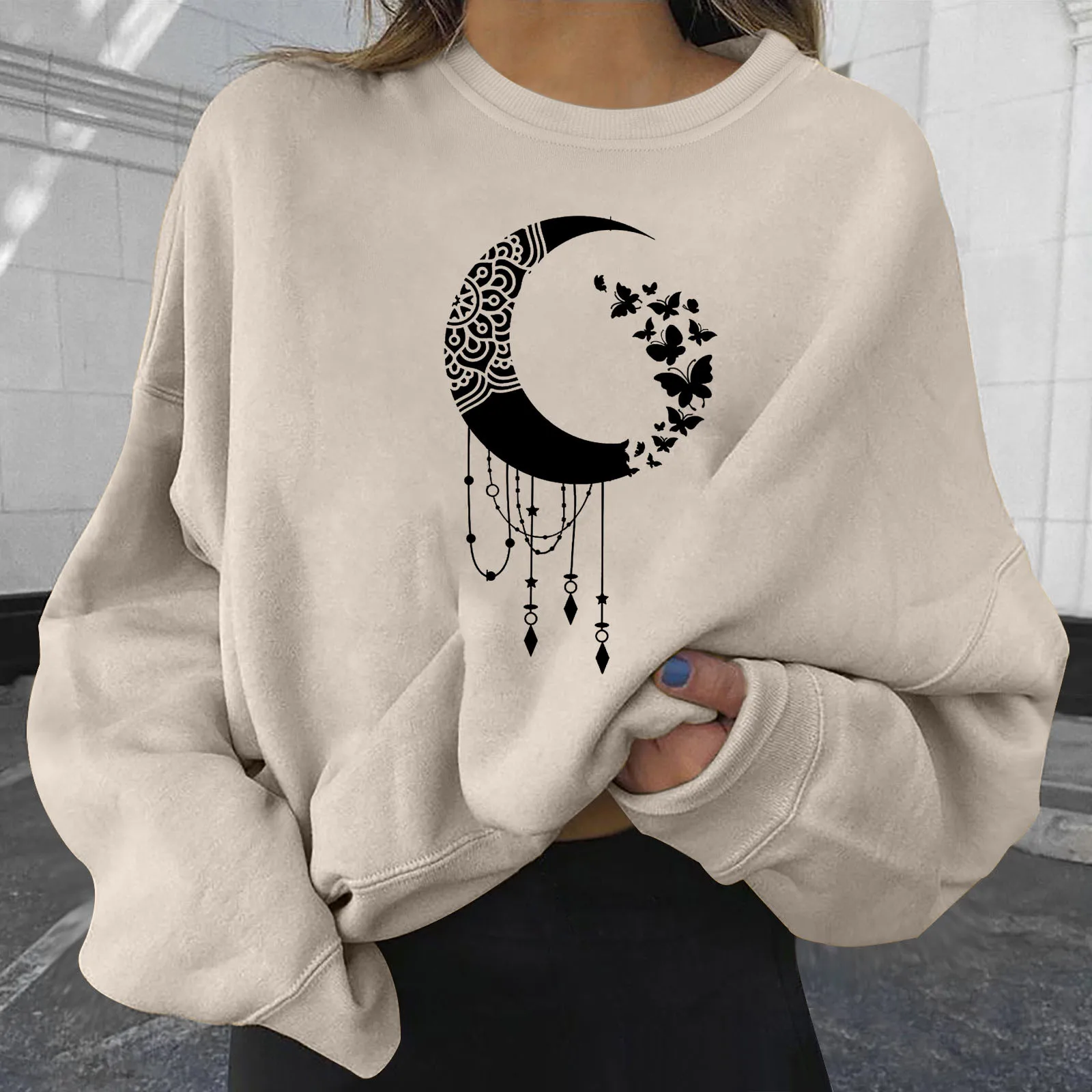 Y2k Sweatshirts For Women Moon Print Hoodies White Hoodies For Ladies Long Sleeve Fall Hoody Pullover Korean Style Blouses