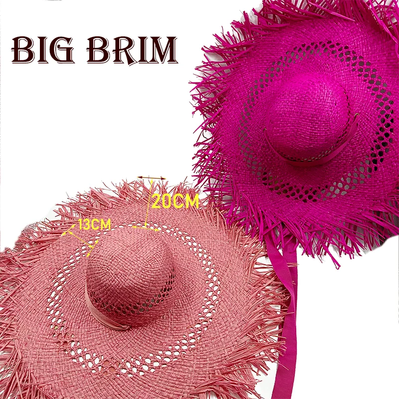 Big Brim Beach Hat For Women Summer Seaside Raffia Straw Hat Travel Vacation Visor Sun Hat Women\'s Hat With Colored Raw Edges