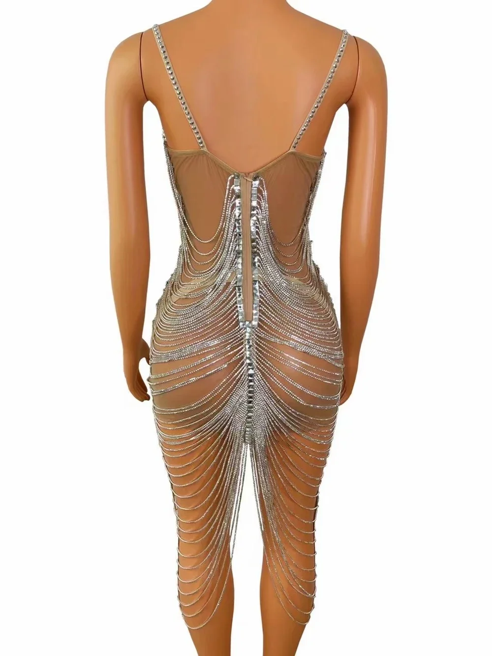 Luxurious Silver Crystals Chains Crystal Dress Birthday Celebrate Evening Prom Party Dress Sexy Performance Costume Stage Wear