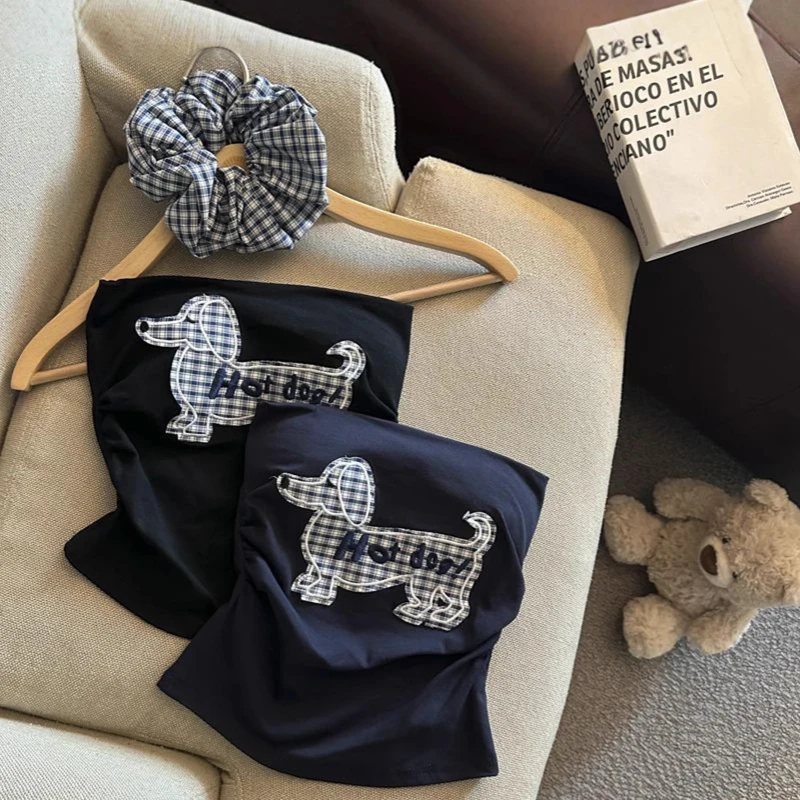 Jednoczęściowy top damski bez ramiączek, z haftem psa, w 3 kolorach, wyprzedaż specjalna, piękny, obcisły, casualowy, z wkładką na biust.