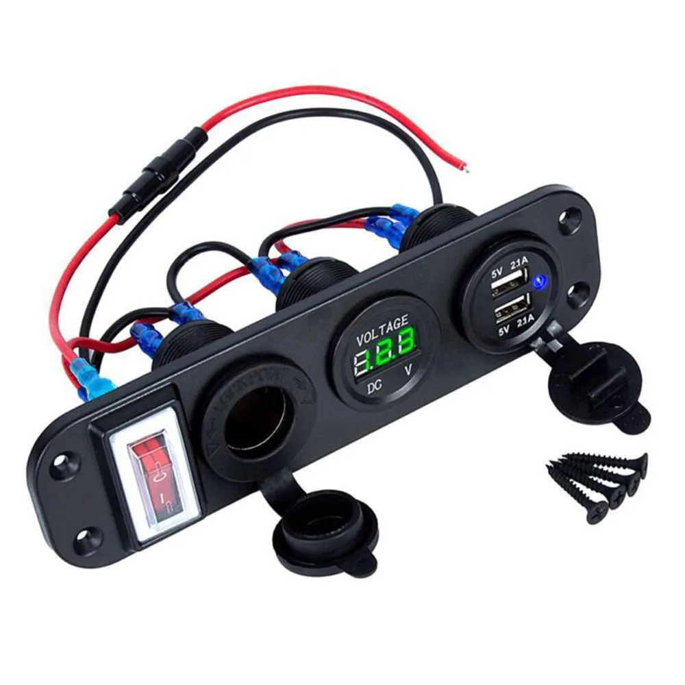 4 In 1 Car Cigarette Lighter Socket Digital Voltmeter Dual Usb Power Charger With Rocker W/ Switch Dustproof Waterproof