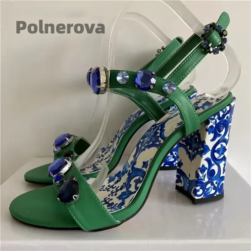 Gemstone Thick Heel Prints Sandals for Women Blue and White Porcelain Bohemian Rhinestone Crystal Open Toe Banquet Dress Shoes