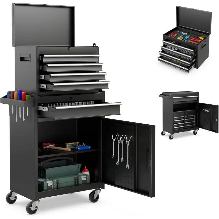 Tool Chest, 5 Drawers Rolling Tool Cabinet with Detachable Top Toolbox, Universal Lockable Wheels, Lock Bar, Protective Liner a