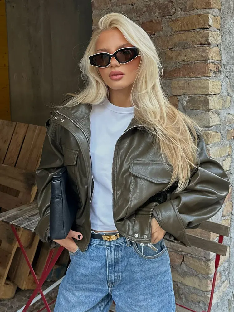 HH أنثى جديد الخريف Sreet خمر فو الجلود اقتصاص سترة طويلة الأكمام الصلبة مع جيوب الياقة المدورة سستة معاطف الشتاء #3