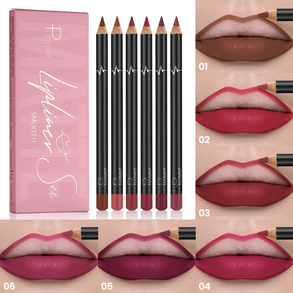 Pudaier 6-kolorowy wodoodporny matowy konturówka do ust - długotrwała, nieprzywierająca do ubrań, matowy wykończenie, 6 uniwersalnych odcieni