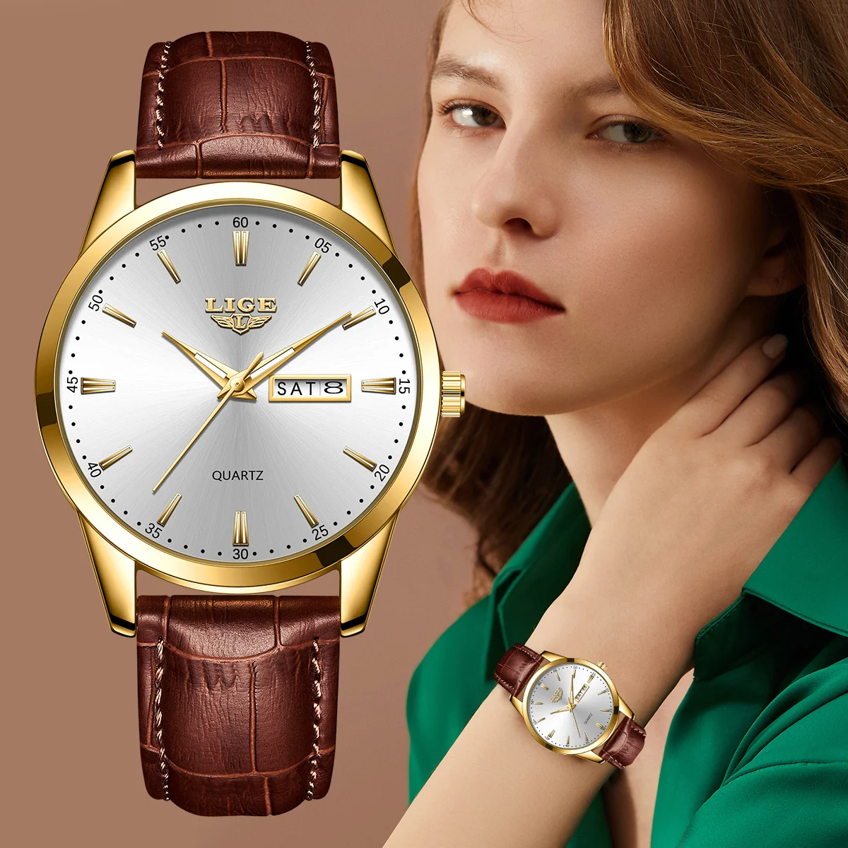 

LIGE Роскошные женские часы, модные водонепроницаемые кварцевые часы с кожаным ремешком, классический элегантный циферблат, календарь недели, деловые женские часы