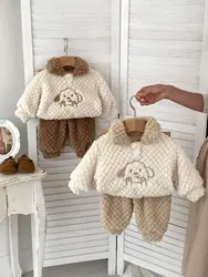 2023 Winter New Baby Long Sleeve Clothes Set Thick Warm Infant Girl Cartoon Plush Sweatshirt + Pants 2pcs Suit Toddler Outfits