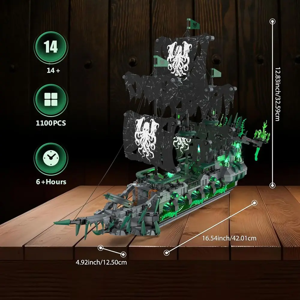LED照明付き海賊船モデルキット、幽霊船フライングダッチマン、イースター用帆船おもちゃ、14歳以上、1100ピース