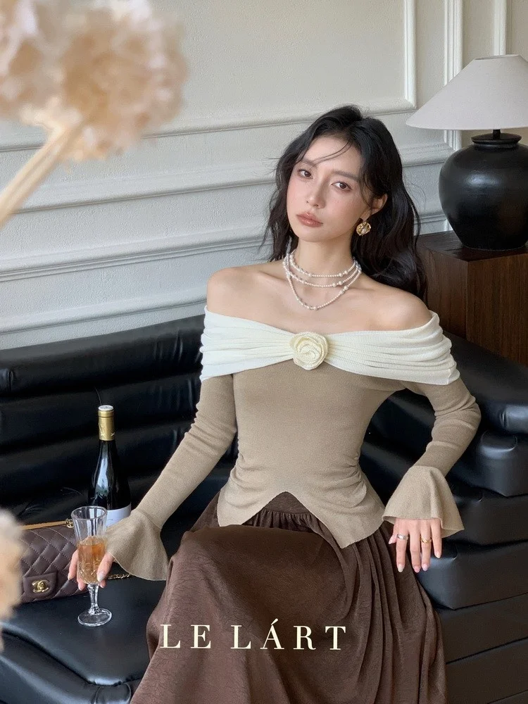 Ele Pure Desire One-oulder Flower Splice Knitted Sweater Slim Fit Korean Sle Commute Faion ort Sve Top