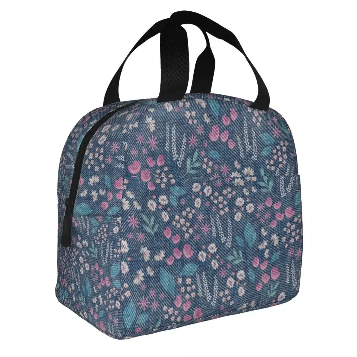 Denim Textures With Flower Pattern Lunch Bags Portable Insulated Oxford Cooler Thermal Cold Food Picnic Lunch Box for Women Girl