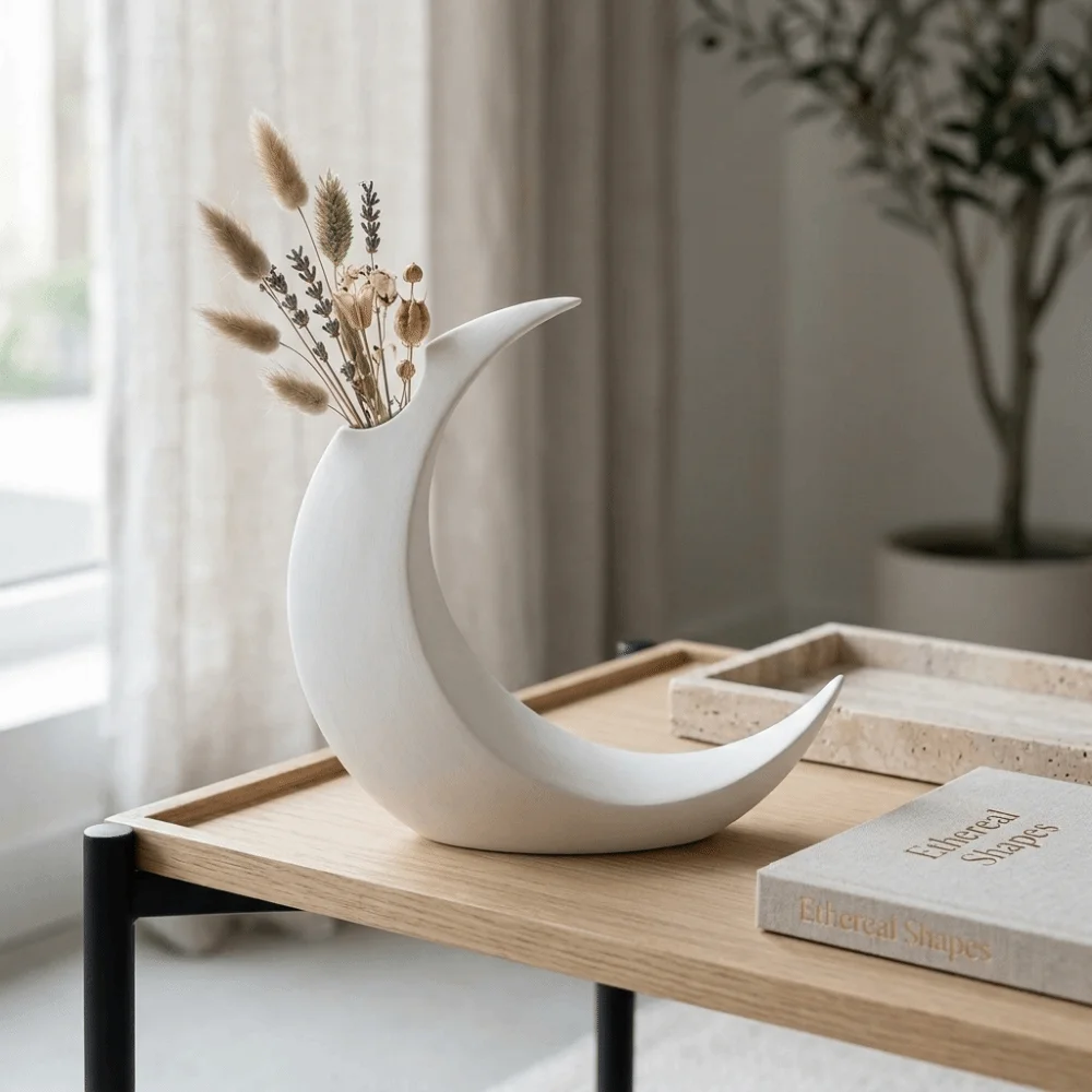 Modern 3D Printed Crescent Moon Shape Vase Gothic Style Plastic Dried Flower Vase Solid Color Decorative Vase Living Room
