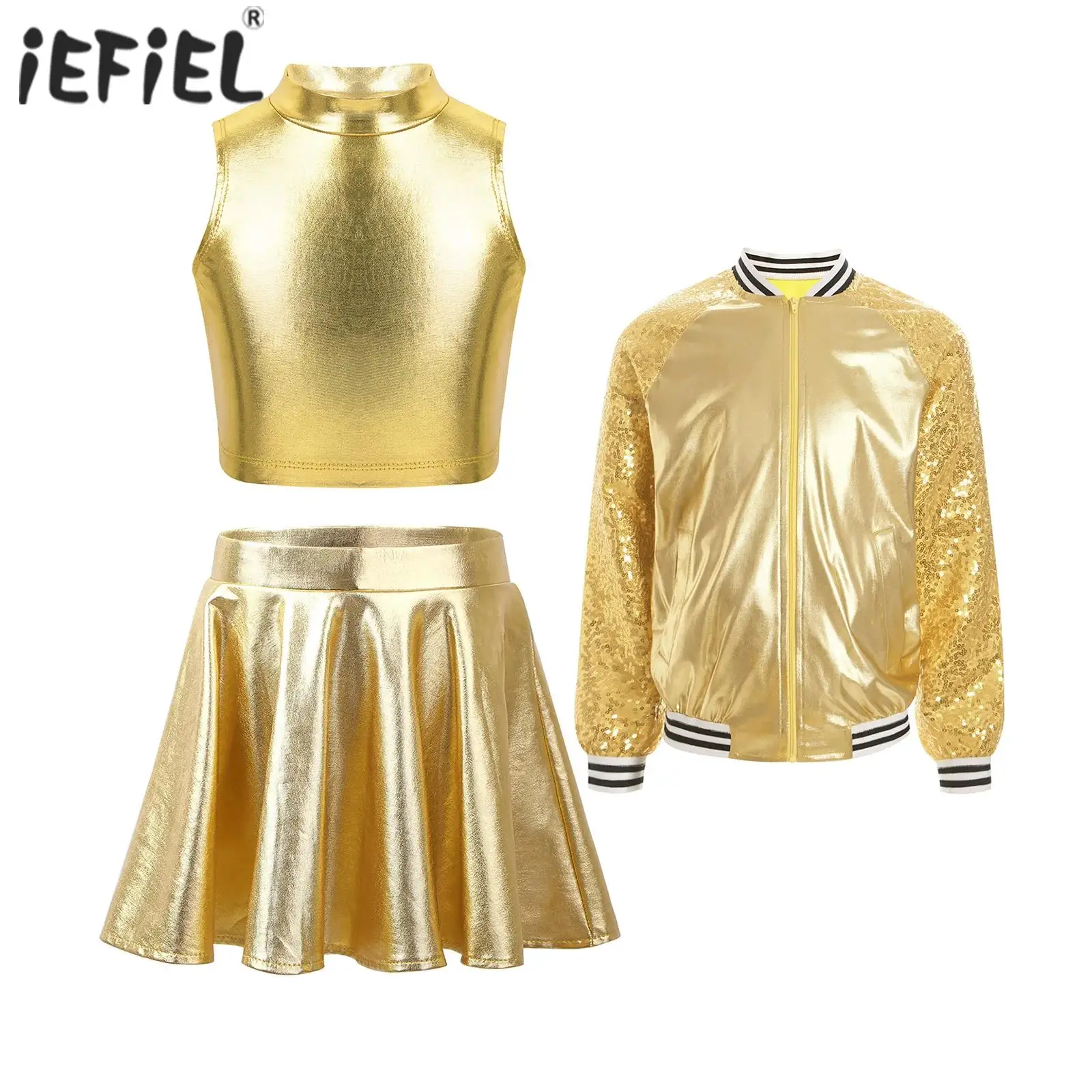 Pakaian dansa anak perempuan, pakaian jalanan Jazz, pakaian dansa, atasan Crop tanpa lengan dengan rok dan jaket lengan panjang payet, setelan untuk penampilan panggung