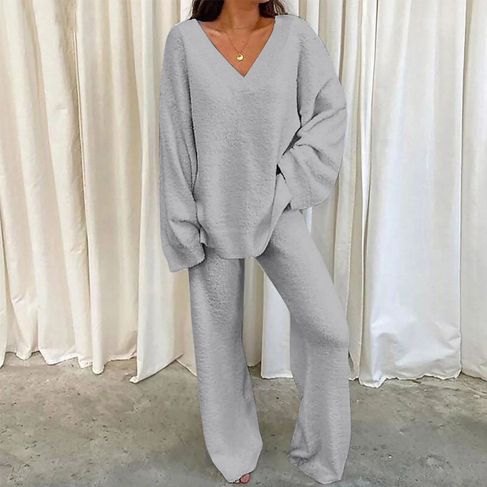 Autumn Winter Women\'S Comfortable Tracksuits Casual V-Neck Long Sleeve Pullover And Pants Warm Two Piece Set Women Fashion Sets