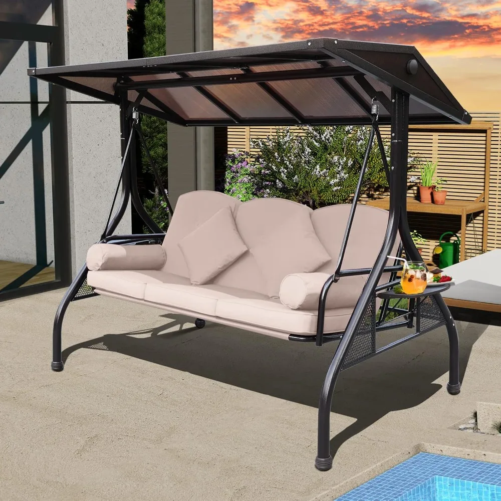 Hardtop Patio Porch Swing, 3 Seat Outdoor Swing with Convertible Backrest, 2 Side Cup Holder, Thickened Cushion