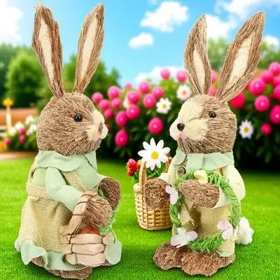 

2pcs Grass Woven Rabbit Figurines Straw Bunny Ornaments For Home Garden Easter Decor Desktop Decoration Living Room Indoor