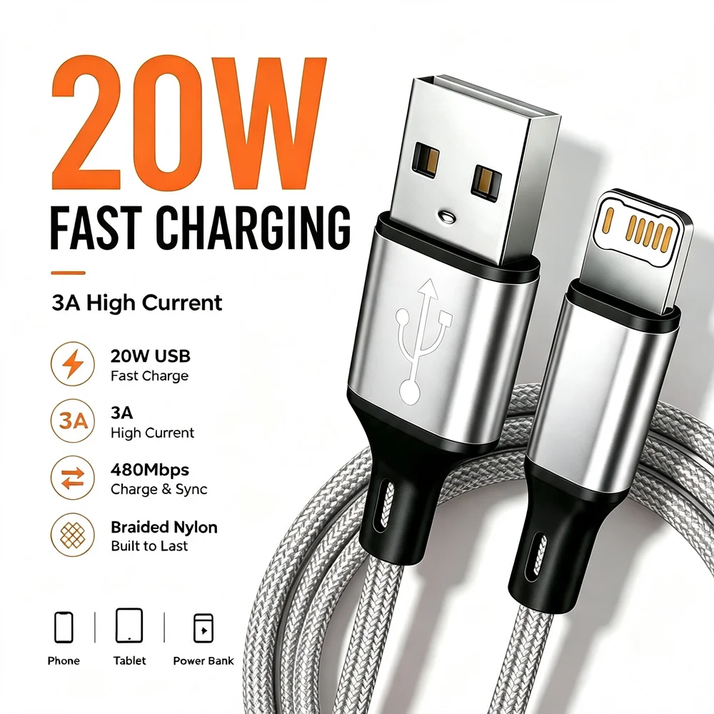 3PCS 20W USB Fast Charging Nylon Braided Cable For iPhone 11 12 13 14 Pro Max X XR XS Max SE Quick Charge USB-A Data Sync Cables