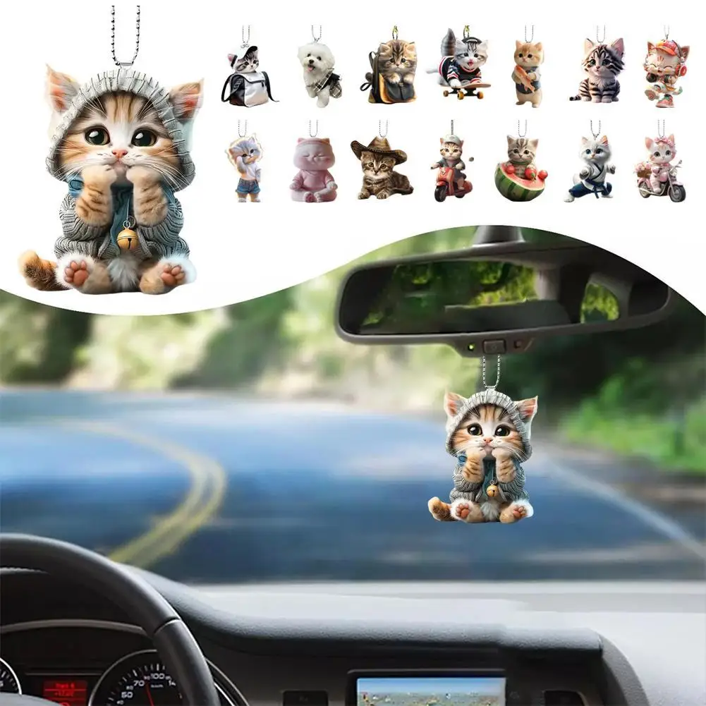

2D Car Pendant Hanging Ornament With Chain Realistic Animal Cat-Shaped Rearview Mirror Hanging Decor Car Interior Accessories