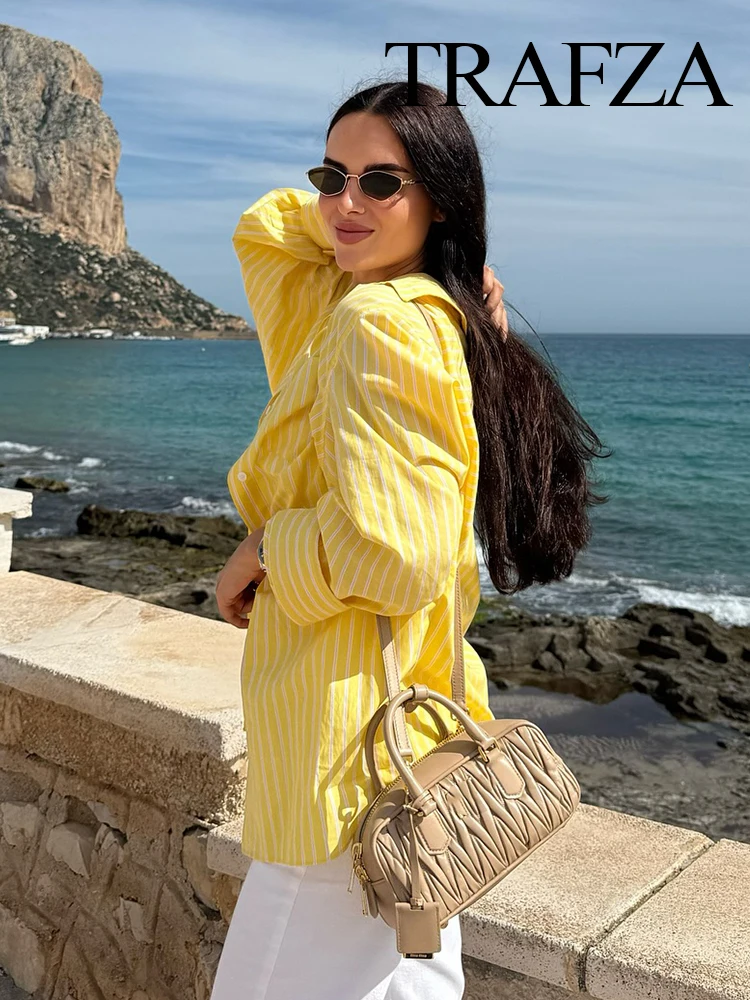 

TRAFZA Female Summer Long Sleeve Casual Shirts Yellow Stripe Turn-Down Collar Pocket Single-Breasted Women's Fashion Blouses