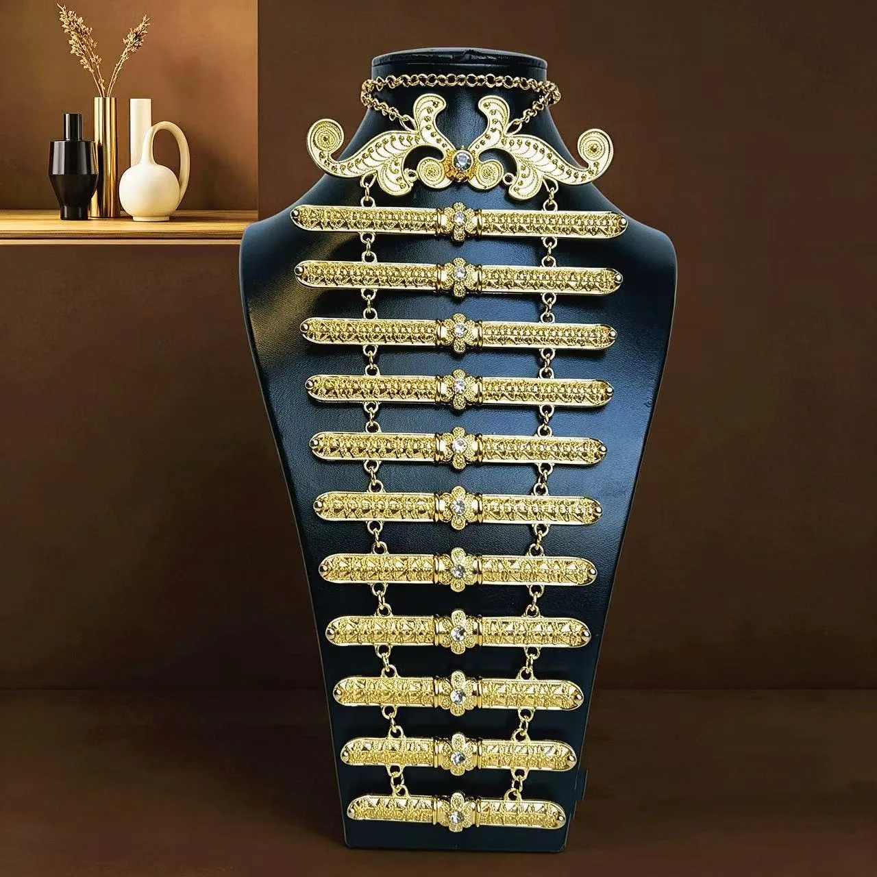 POYASA Vintage Ingush Caucasian Crimean Women's Breastplate Traditional Central Asian Wedding Bride Necklace Embossed Pattern