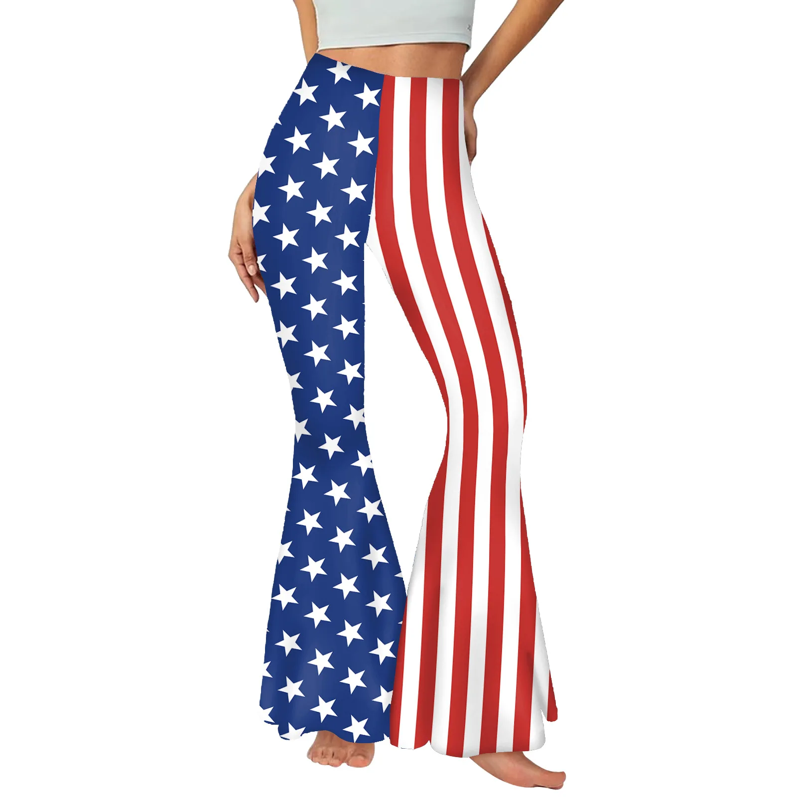 Mallas elásticas de cintura alta para mujer, pantalones de campana a rayas con bandera de fondo, ropa de calle para fiesta del Día de la independencia, moda de verano