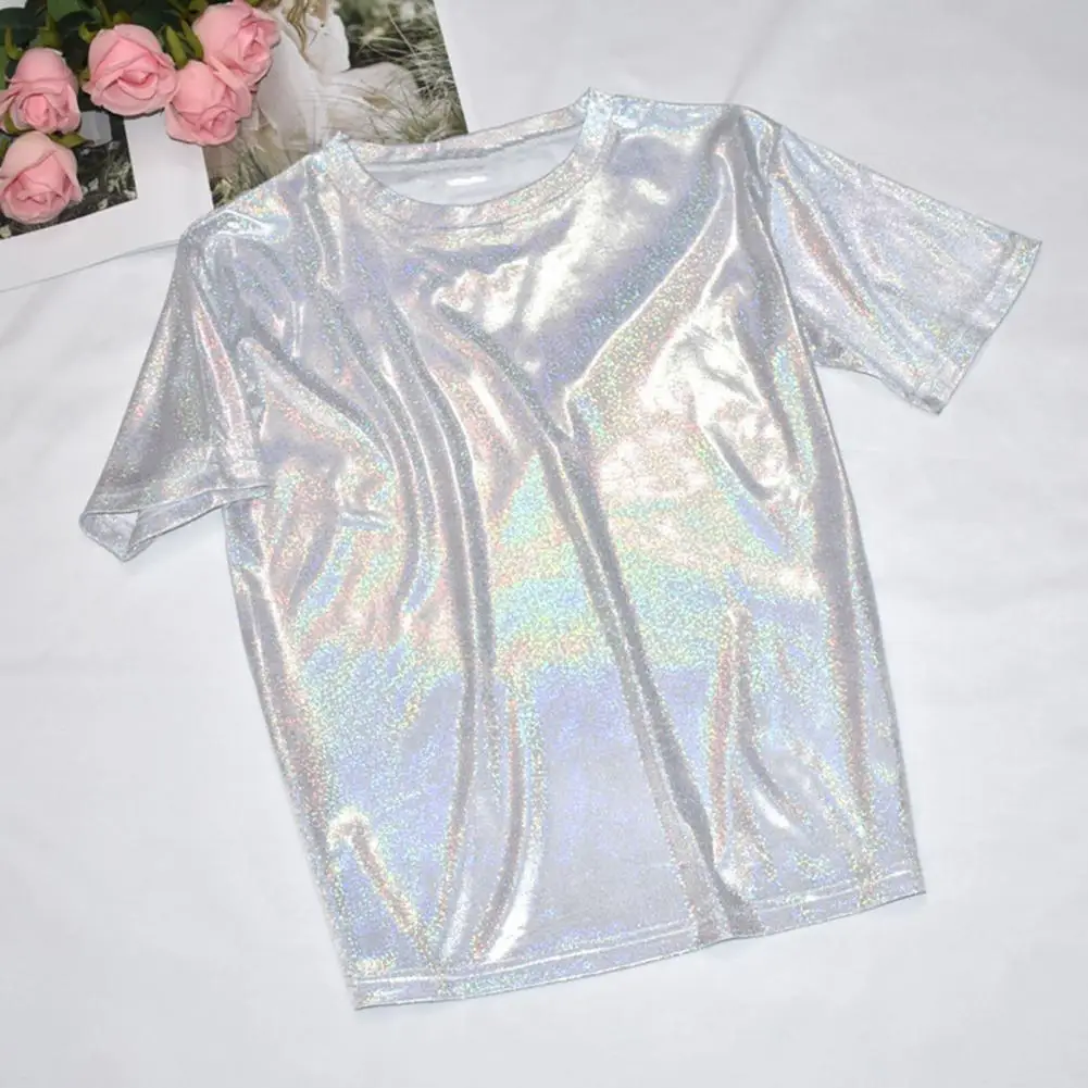 

Glitter Thin Pullover Tops Glossy Finish Glitter Women's Loose Fit Tee Stylish Round Neck Short Sleeve Pullover for Nightwear