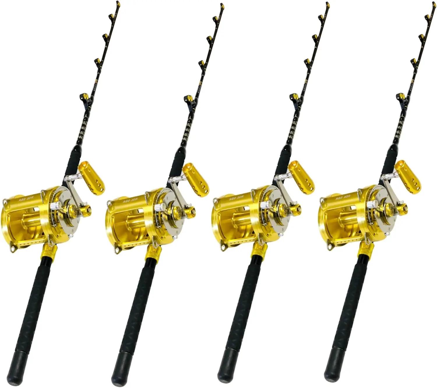 80 Wide 2 Speed Fishing Reels on 130-160 Pound Blue Marlin Tournament Fishing Rods (4 Pack)