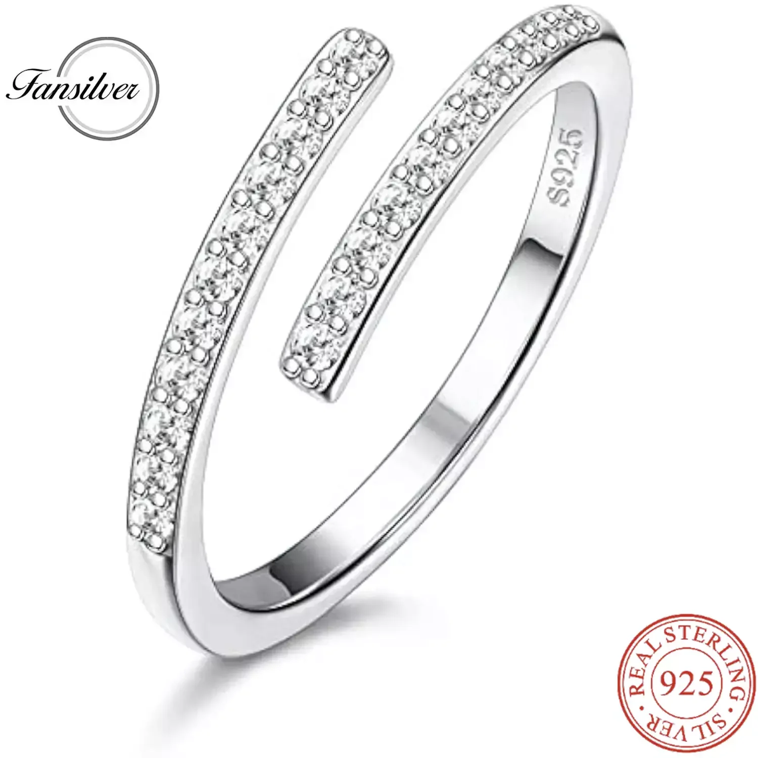 

Fansilver 1pc 925 Sterling Silver Ring for Women Adjustable Cubic Zirconia Rings 2MM CZ Minimalist Open Ring for Gift