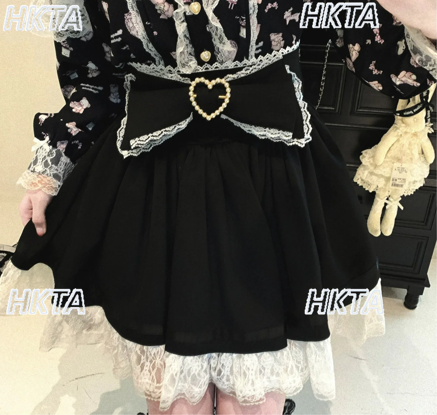 Japanese Cute Love Diamond Buckle Lace Stitching Ruffle Edge A Line Mini Skirt Women 2026 Summer Sweet Lolita Black Skirts Women
