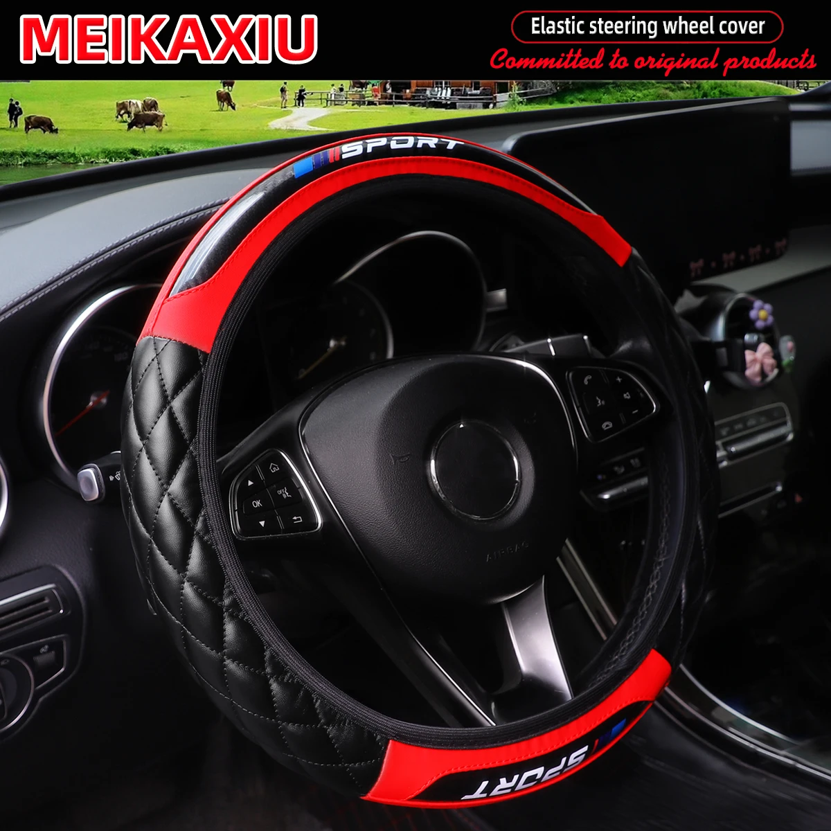 SPORT  Steering Wheel Cover Crystal Carbon Fiber Embroidered PU Soft Leather for 14.5-15 Inch Car Interior Rimless