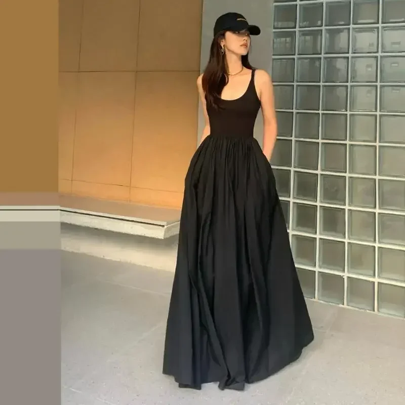 

High Waist Sleeveless Midi Dress Women Summer Slim A Line Camis Dress Gothic Black Pleated Party Night Dress